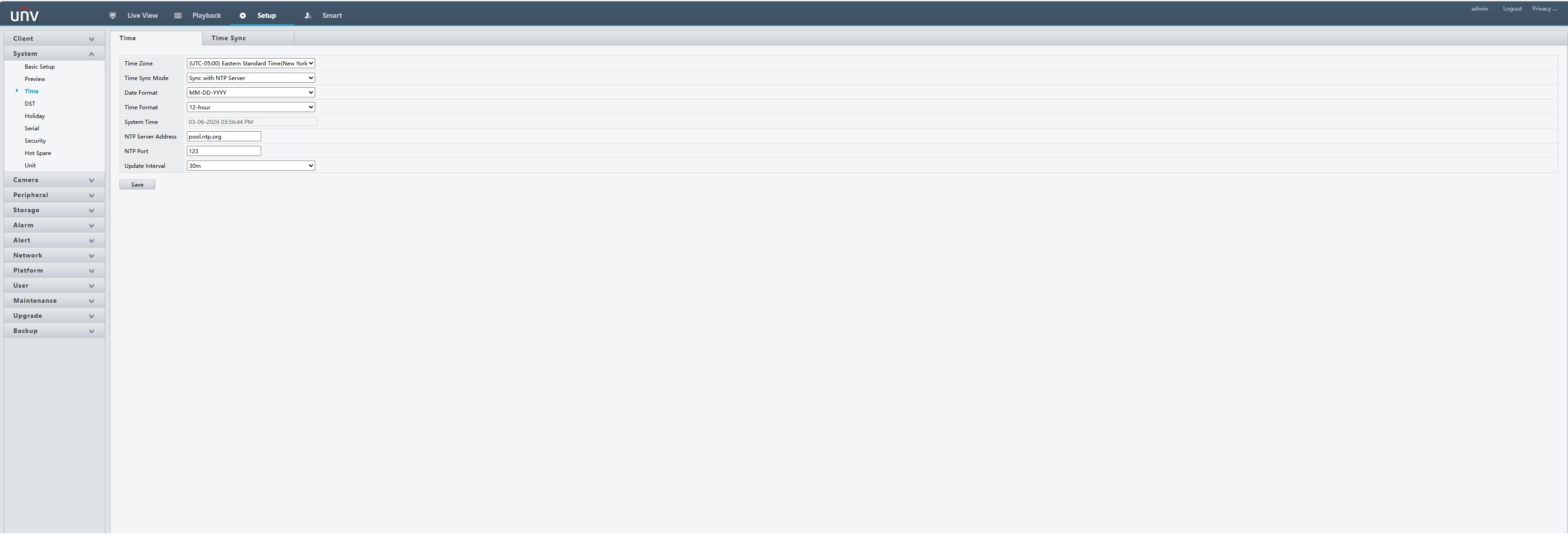 Uniview NTP configuration screenshot